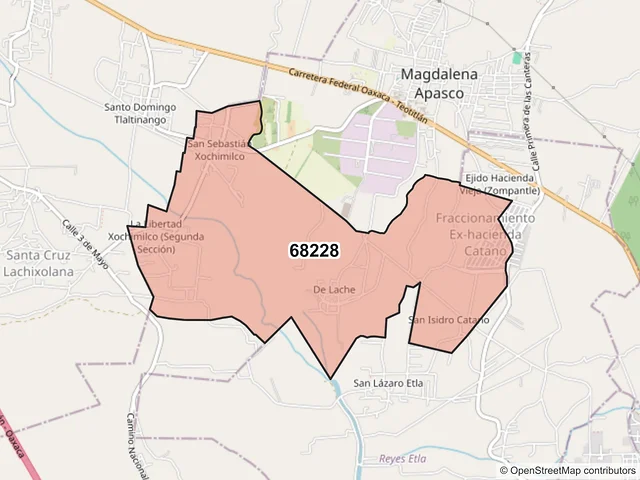 Mapa del código postal 68228, Magdalena Apasco, Oaxaca