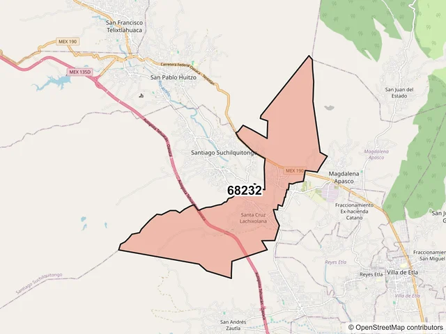 Mapa del código postal 68232, Santiago Suchilquitongo, Oaxaca