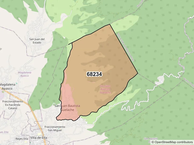 Mapa del código postal 68234, San Juan Bautista Guelache, Oaxaca