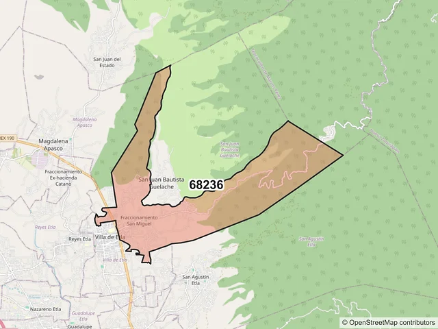 Mapa del código postal 68236, San Juan Bautista Guelache, Oaxaca