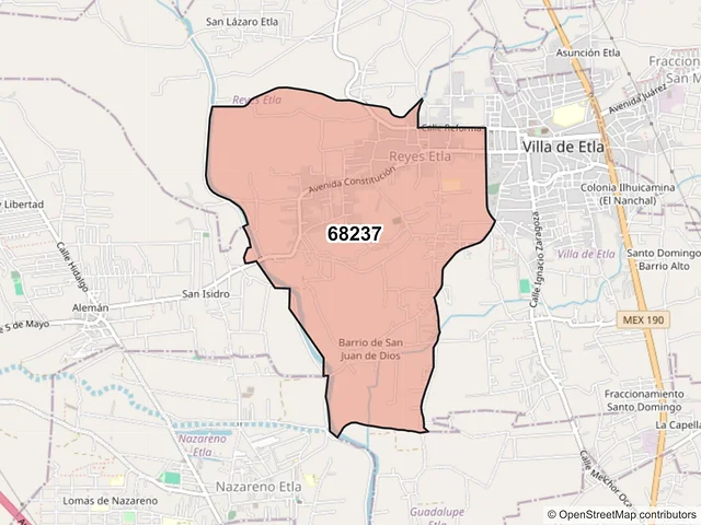 Mapa del código postal 68237, Reyes Etla, Oaxaca