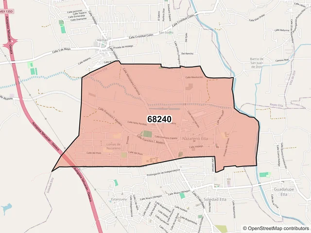 Mapa del código postal 68240, Nazareno Etla, Oaxaca