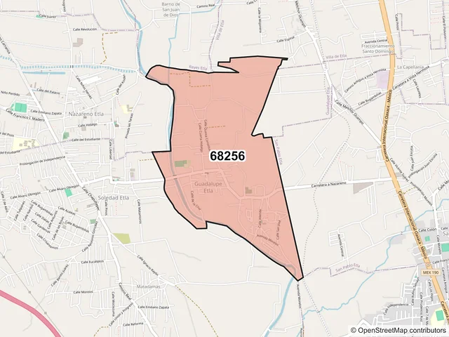 Mapa del código postal 68256, Guadalupe Etla, Oaxaca