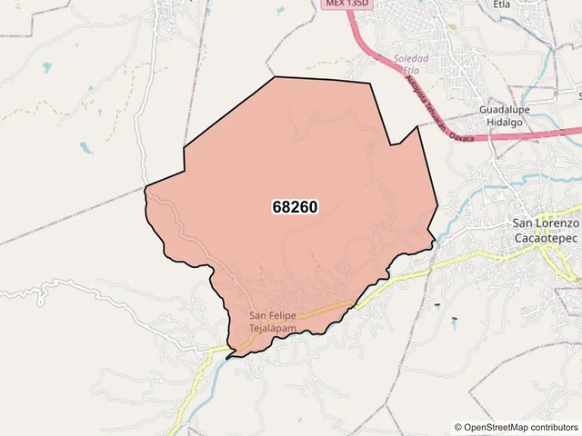 Mapa del código postal 68260, San Felipe Tejalápam, Oaxaca