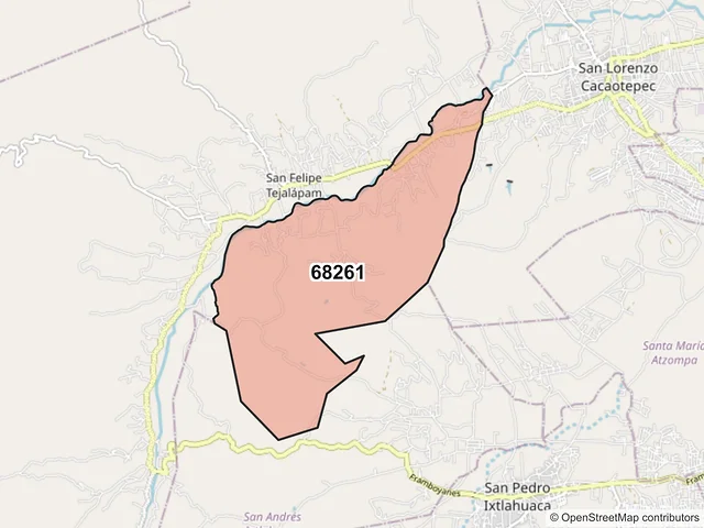 Mapa del código postal 68261, San Felipe Tejalápam, Oaxaca