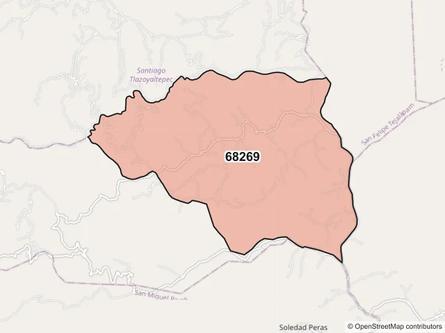 Mapa del código postal 68269, Santiago Tlazoyaltepec, Oaxaca