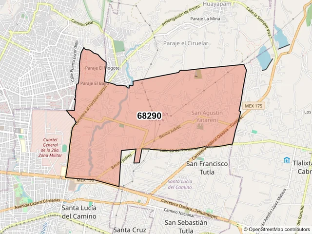 Mapa del código postal 68290, San Agustín Yatareni, Oaxaca