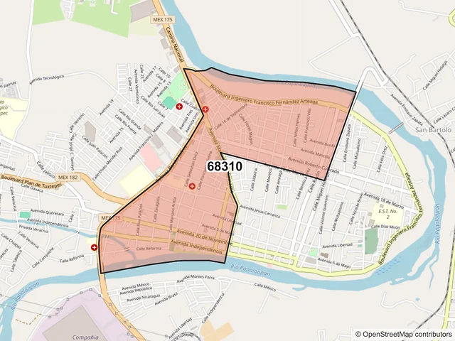 Mapa del código postal 68310, San Juan Bautista Tuxtepec, Oaxaca