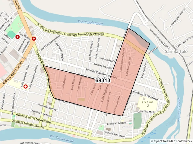 Mapa del código postal 68313, San Juan Bautista Tuxtepec, Oaxaca