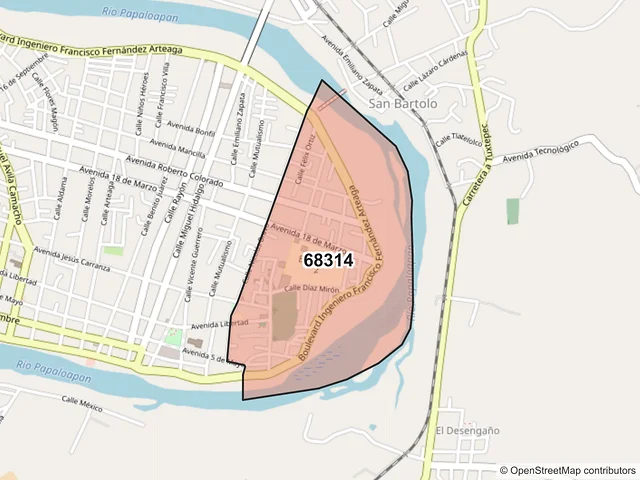 Mapa del código postal 68314, San Juan Bautista Tuxtepec, Oaxaca