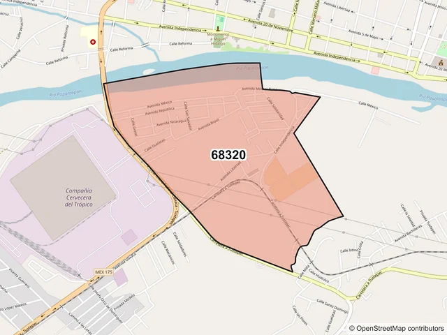 Mapa del código postal 68320, San Juan Bautista Tuxtepec, Oaxaca