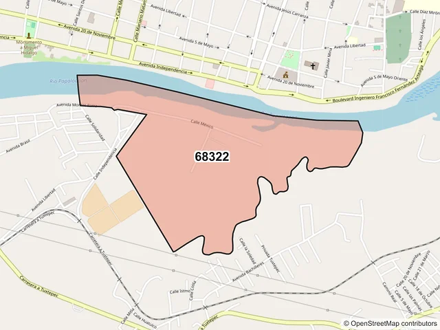 Mapa del código postal 68322, San Juan Bautista Tuxtepec, Oaxaca
