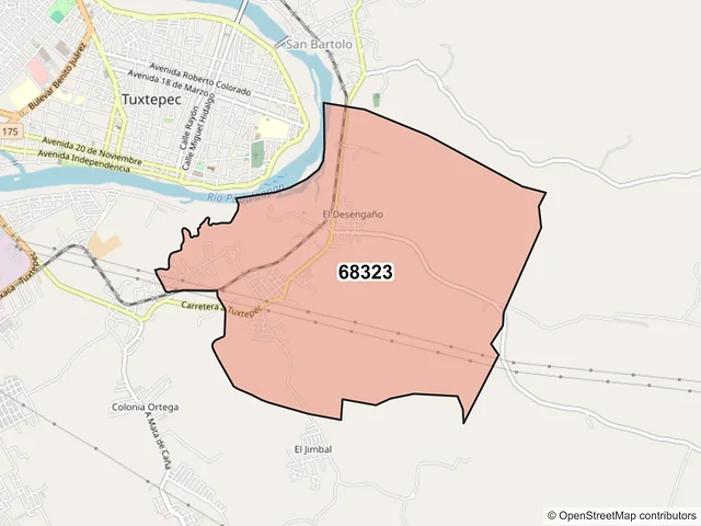 Mapa del código postal 68323, San Juan Bautista Tuxtepec, Oaxaca