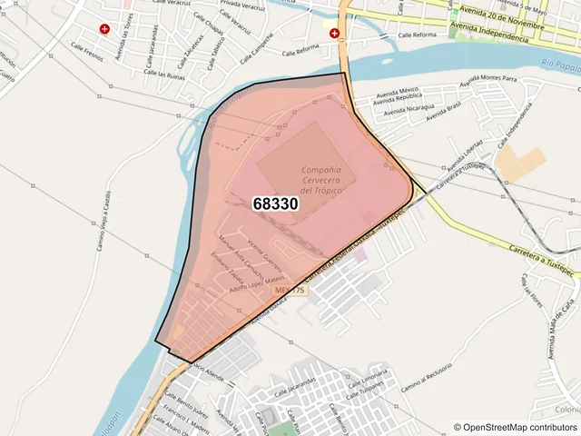 Mapa del código postal 68330, San Juan Bautista Tuxtepec, Oaxaca