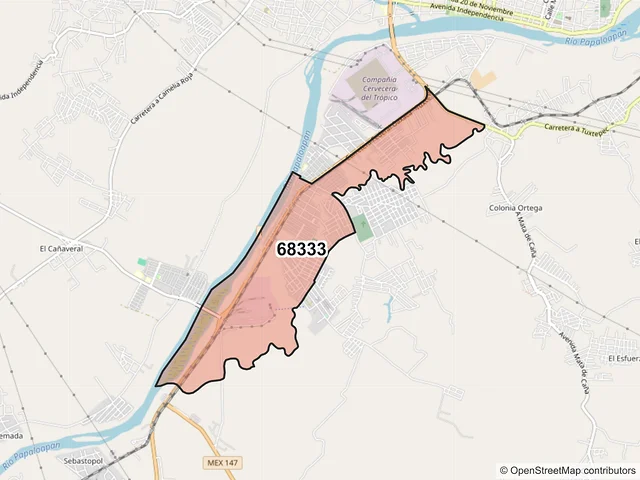 Mapa del código postal 68333, San Juan Bautista Tuxtepec, Oaxaca