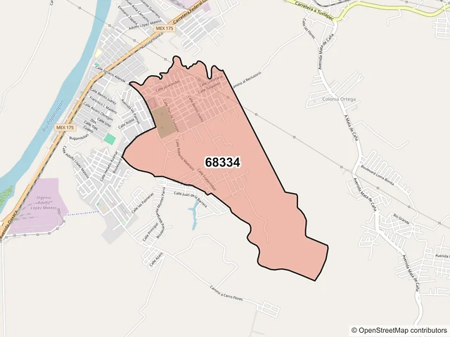 Mapa del código postal 68334, San Juan Bautista Tuxtepec, Oaxaca