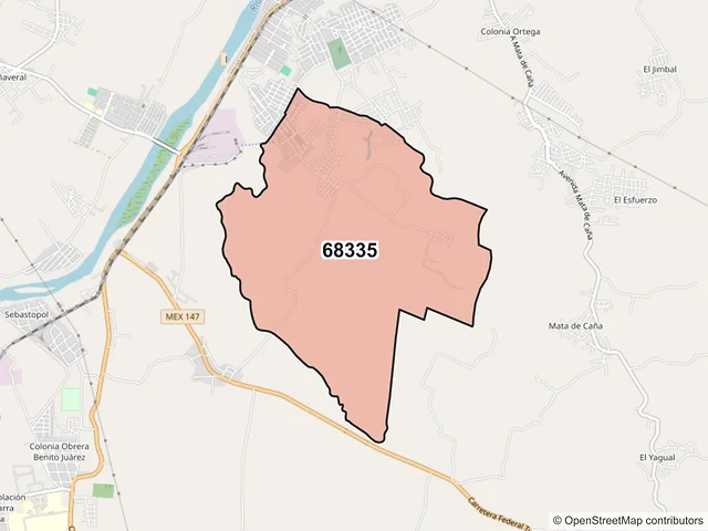 Mapa del código postal 68335, San Juan Bautista Tuxtepec, Oaxaca