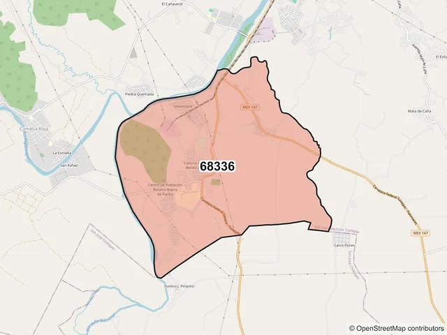 Mapa del código postal 68336, San Juan Bautista Tuxtepec, Oaxaca