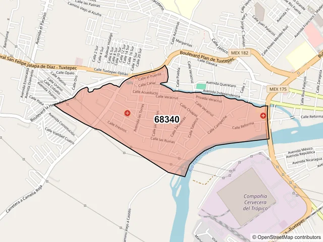 Mapa del código postal 68340, San Juan Bautista Tuxtepec, Oaxaca