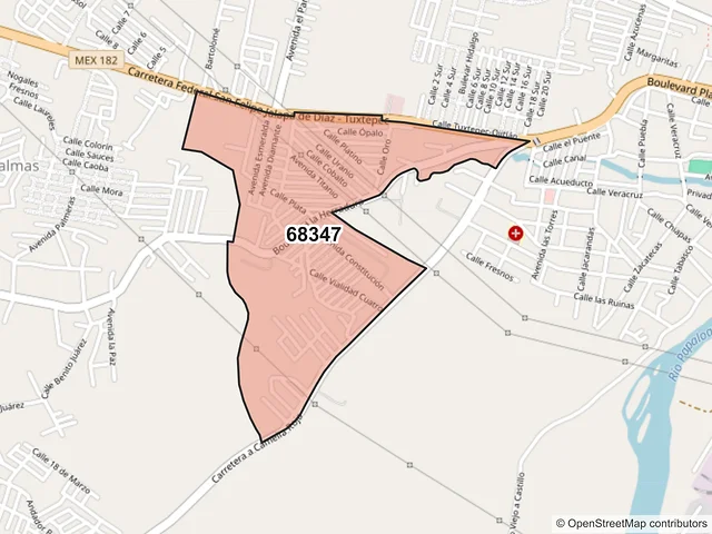 Mapa del código postal 68347, San Juan Bautista Tuxtepec, Oaxaca