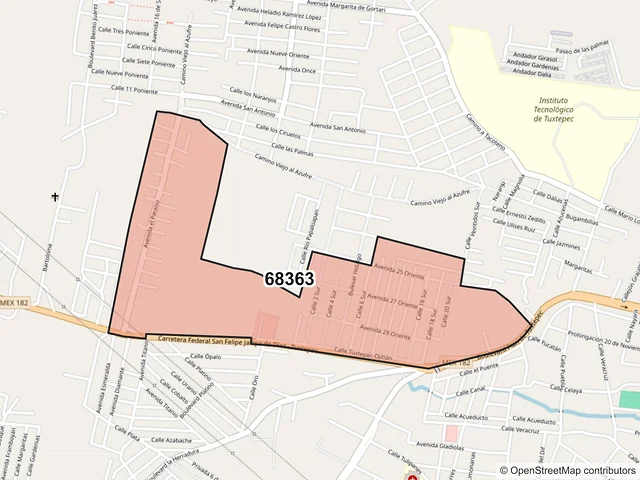 Mapa del código postal 68363, San Juan Bautista Tuxtepec, Oaxaca