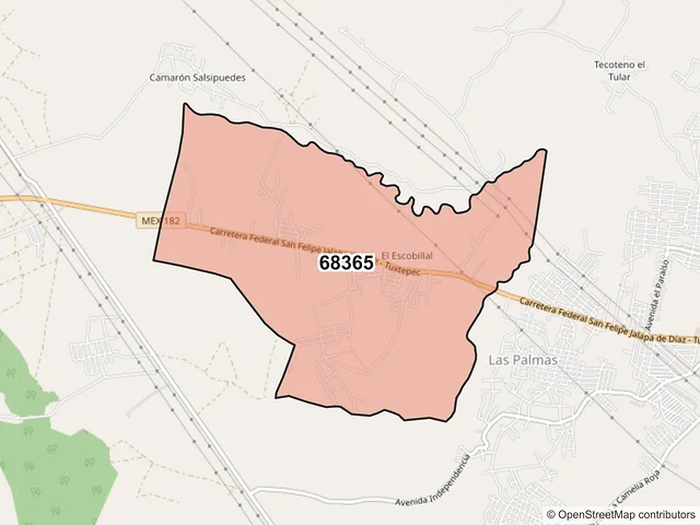 Mapa del código postal 68365, San Juan Bautista Tuxtepec, Oaxaca