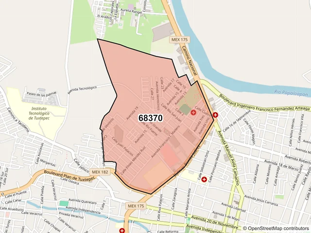 Mapa del código postal 68370, San Juan Bautista Tuxtepec, Oaxaca