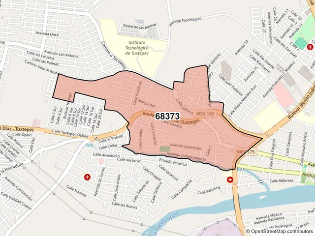 Mapa del código postal 68373, San Juan Bautista Tuxtepec, Oaxaca