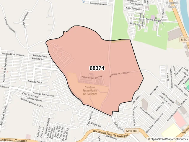 Mapa del código postal 68374, San Juan Bautista Tuxtepec, Oaxaca