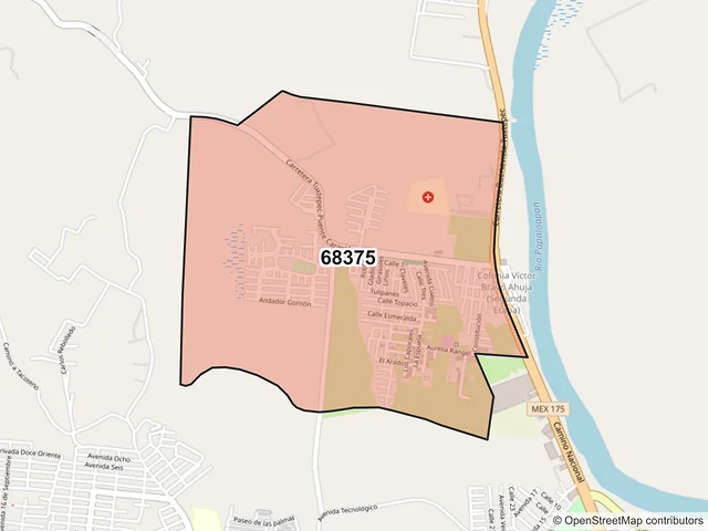 Mapa del código postal 68375, San Juan Bautista Tuxtepec, Oaxaca