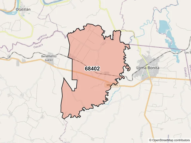 Mapa del código postal 68402, Loma Bonita, Oaxaca
