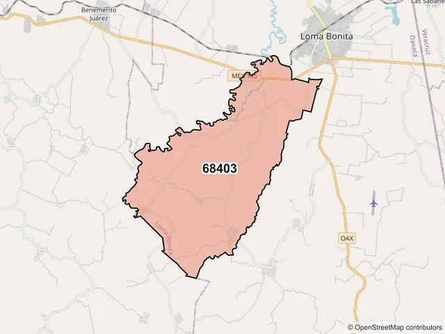 Mapa del código postal 68403, Loma Bonita, Oaxaca