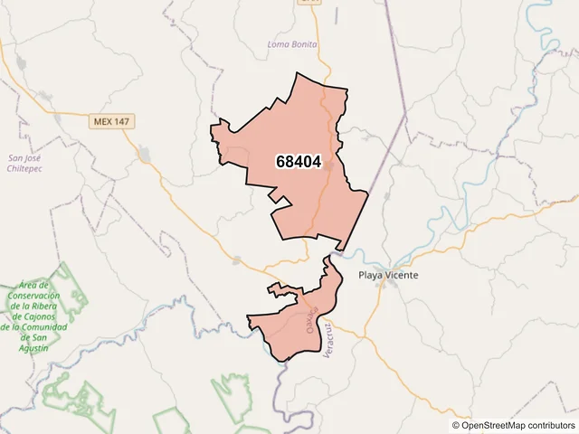 Mapa del código postal 68404, Loma Bonita, Oaxaca