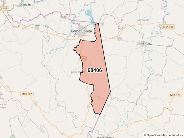 Mapa del código postal 68406, Loma Bonita, Oaxaca