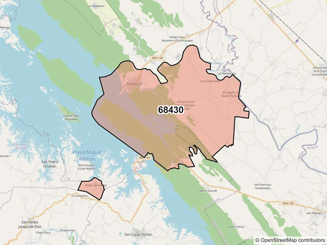 Mapa del código postal 68430, San Miguel Soyaltepec, Oaxaca