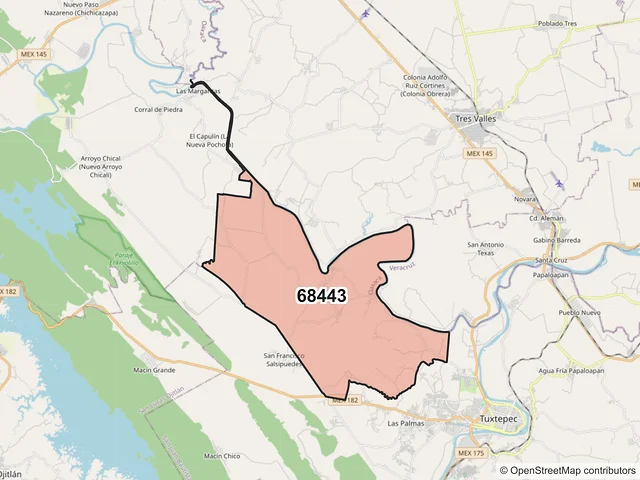 Mapa del código postal 68443, San Juan Bautista Tuxtepec, Oaxaca