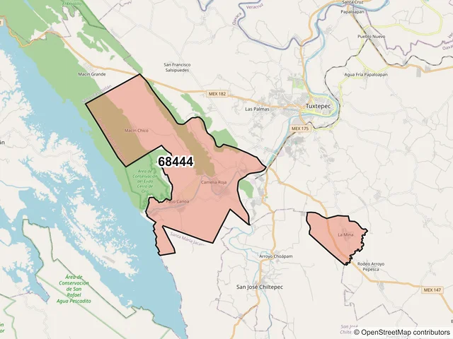Mapa del código postal 68444, San Juan Bautista Tuxtepec, Oaxaca