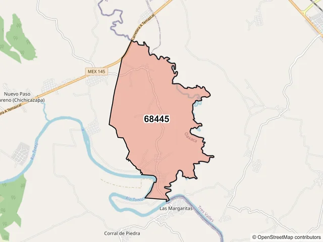 Mapa del código postal 68445, San Juan Bautista Tuxtepec, Oaxaca