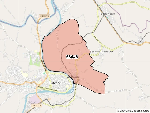 Mapa del código postal 68446, San Juan Bautista Tuxtepec, Oaxaca