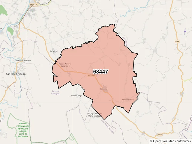 Mapa del código postal 68447, San Juan Bautista Tuxtepec, Oaxaca