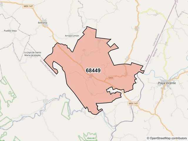 Mapa del código postal 68449, San Juan Bautista Tuxtepec, Oaxaca