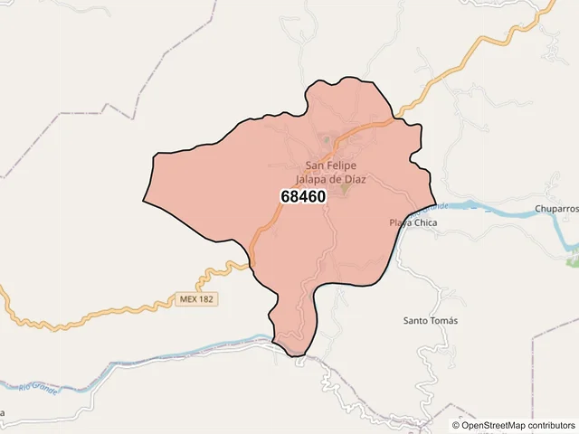 Mapa del código postal 68460, San Felipe Jalapa de Díaz, Oaxaca