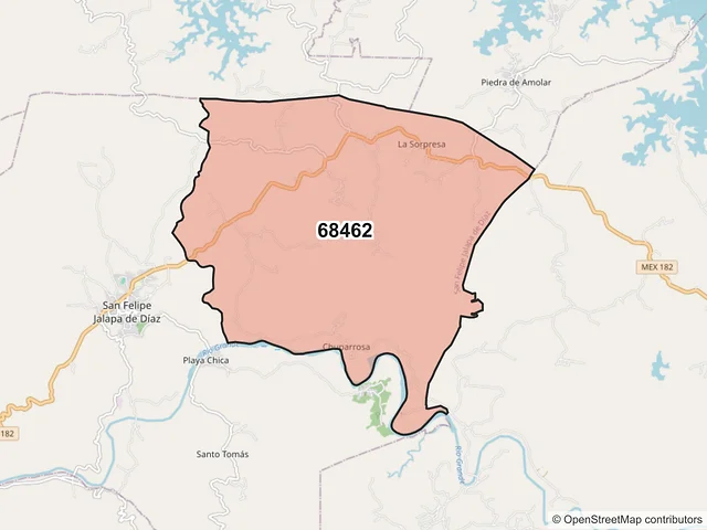 Mapa del código postal 68462, San Felipe Jalapa de Díaz, Oaxaca