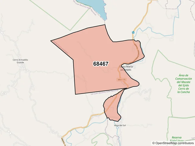 Mapa del código postal 68467, Santa María Jacatepec, Oaxaca