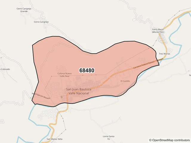 Mapa del código postal 68480, San Juan Bautista Valle Nacional, Oaxaca