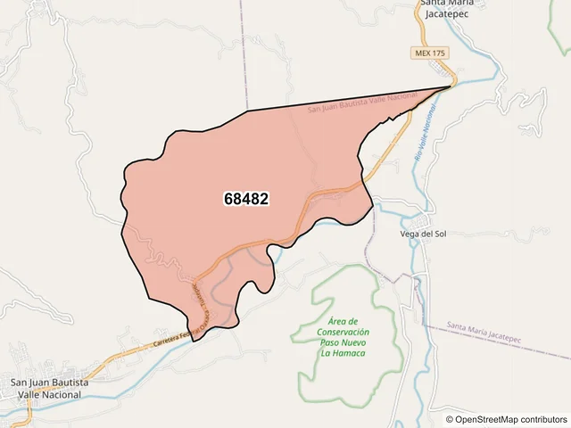 Mapa del código postal 68482, San Juan Bautista Valle Nacional, Oaxaca