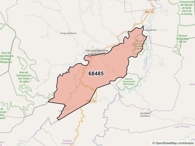 Mapa del código postal 68485, San Juan Bautista Valle Nacional, Oaxaca