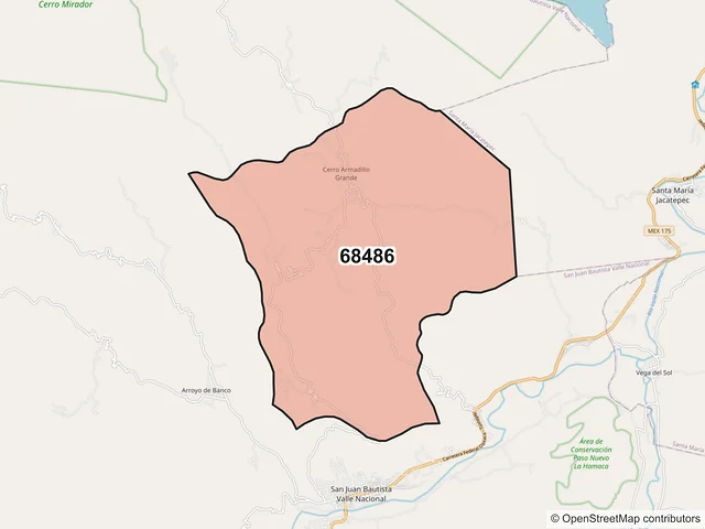 Mapa del código postal 68486, San Juan Bautista Valle Nacional, Oaxaca