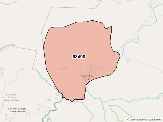 Mapa del código postal 68490, San Felipe Usila, Oaxaca
