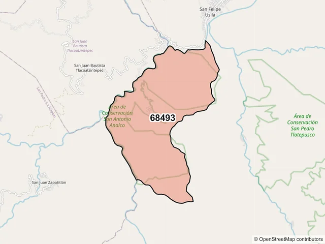 Mapa del código postal 68493, San Felipe Usila, Oaxaca